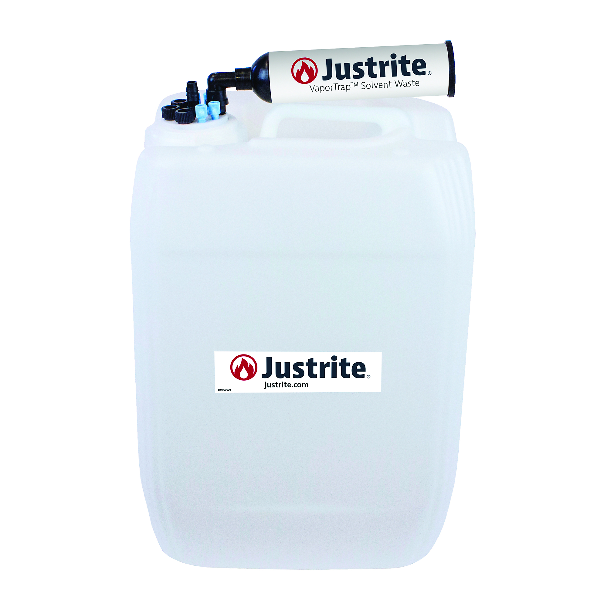 Justrite HDPE Carboy with Filter Kit — 20 Liters, UN/DOT Certified, VaporTrap, 70mm Cap, Multiple Ports, Model# 12847